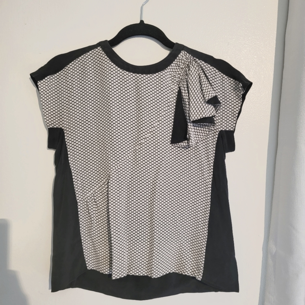 Marc By Marc Jacob's Black & Cream Polka Dot Silk Ruffled Shoulder Blouse